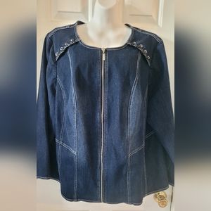 Catherines EUC denim blazer jacket full zip leather trim 1X